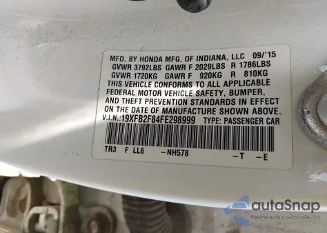 2015 Honda Civic Ex z USA, uszkodzony, nr VIN 19XFB2F84FE298999